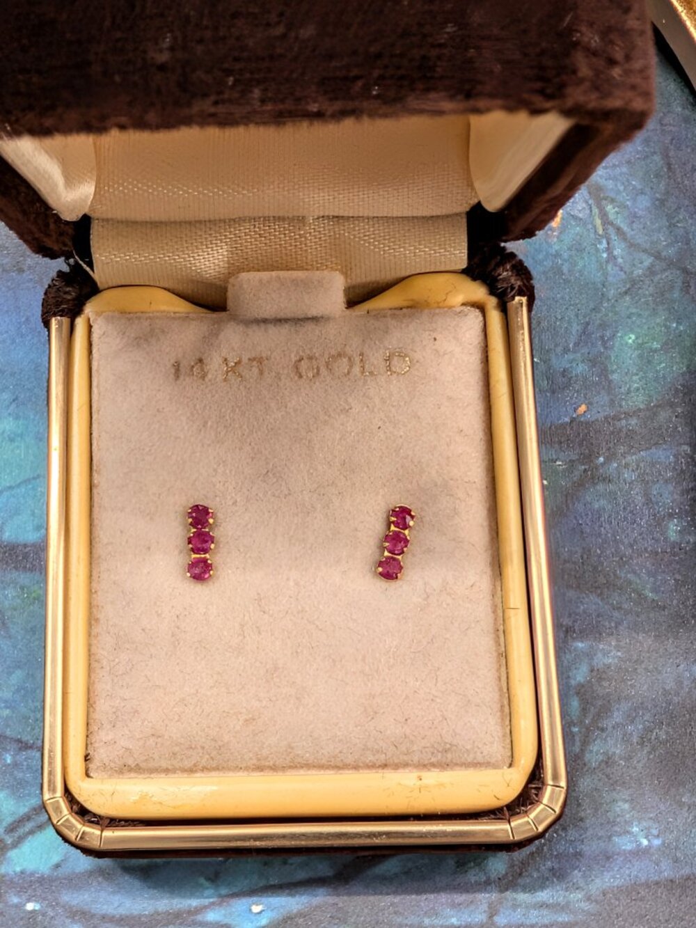 Vintage Estate Deadstock 14K Gold Triple Ruby Earrings, Post Back